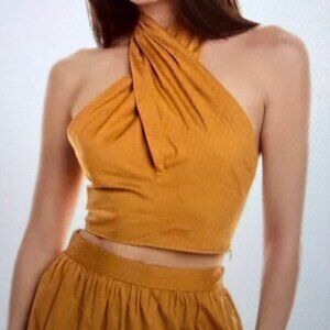 STAUD Halter Crop Top Mustard Yellow Cotton Stretch Crossover Tie Women Size 4